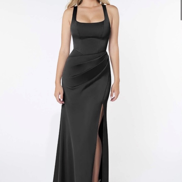 Azazie Dresses & Skirts - Azazie Black Satin Asymmetrical Gown with High Side Slit